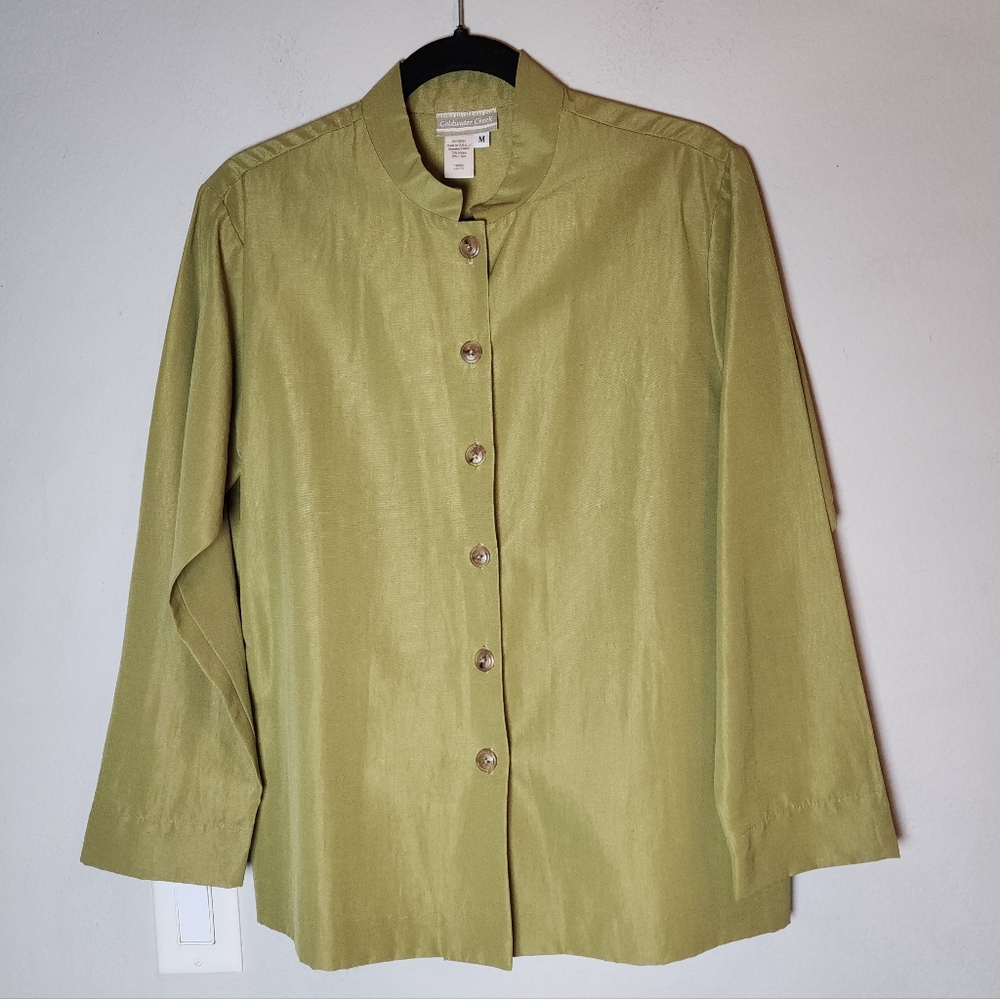Coldwater Creek Linen Nylon Blend Green Mandarin Collar Button Shirt Size Medium